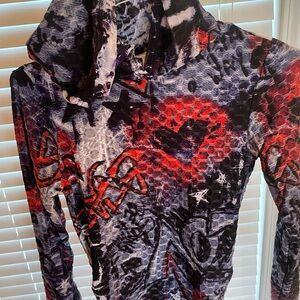 Graphic Hoodie Top in Black, Blue, Red and White with Fitted Style.